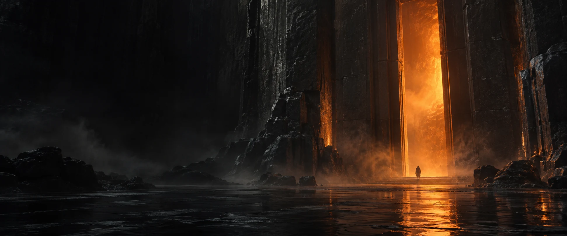 An original cinematic concept: a lone figure approaches a glowing doorway in a monumental dark stone chamber.