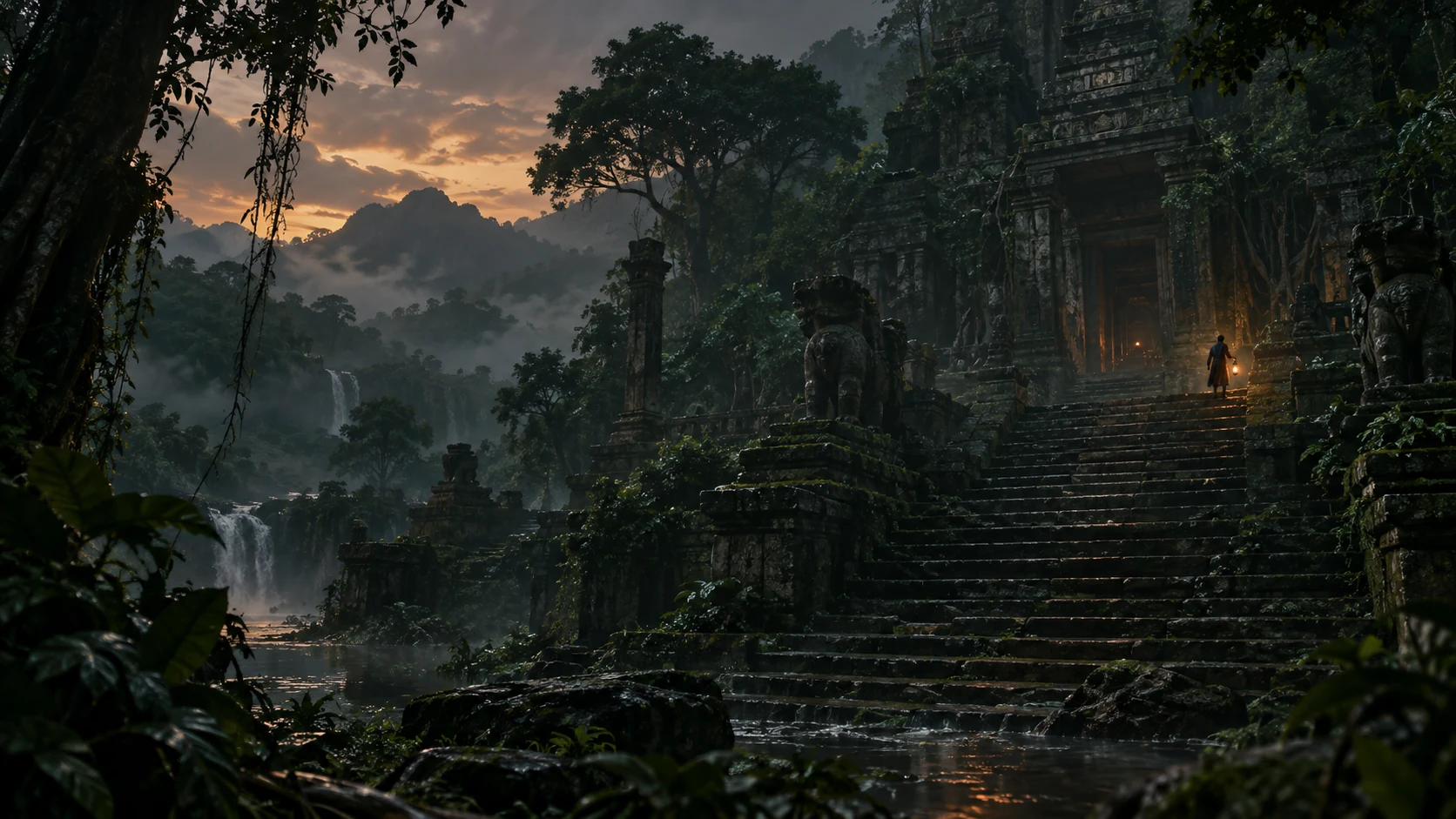 Original worldbuilding concept of a misty forest, ancient stone steps and a lantern-bearing figure.